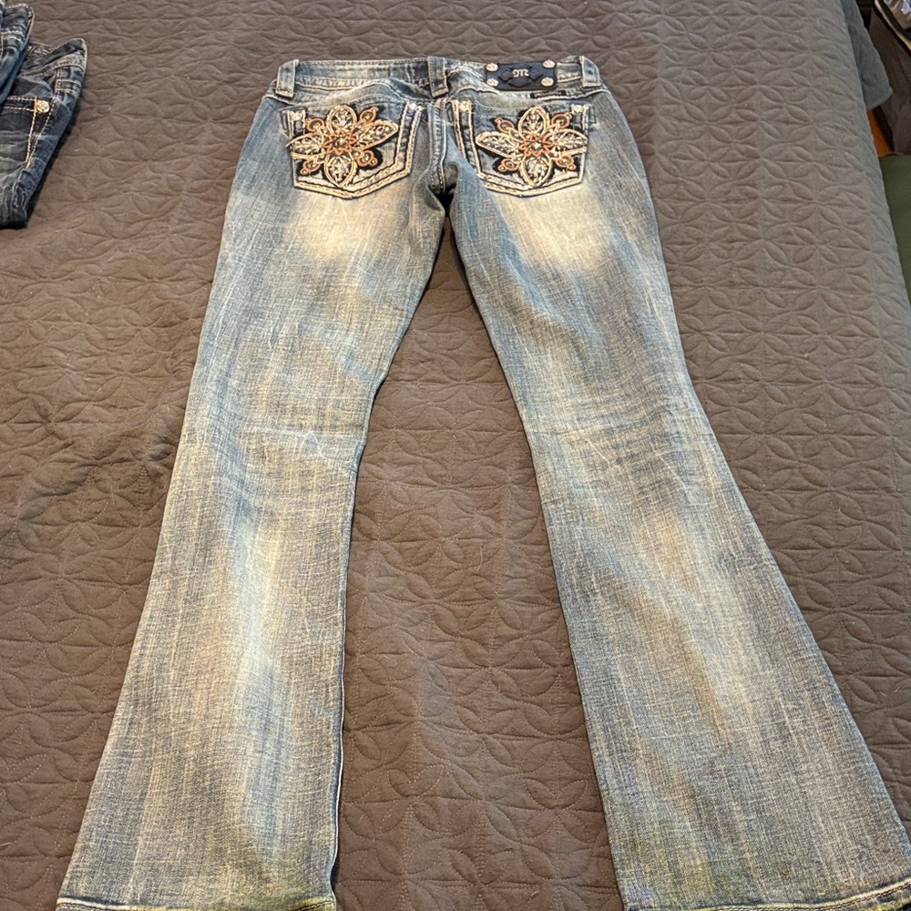Miss Me Light Blue Distressed Flared Jeans with Embroidered Pockets